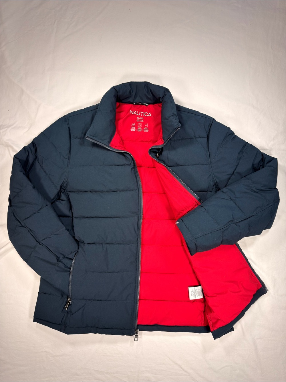Nautica Men's Navy Puffer Jacket with Bright Red Lining